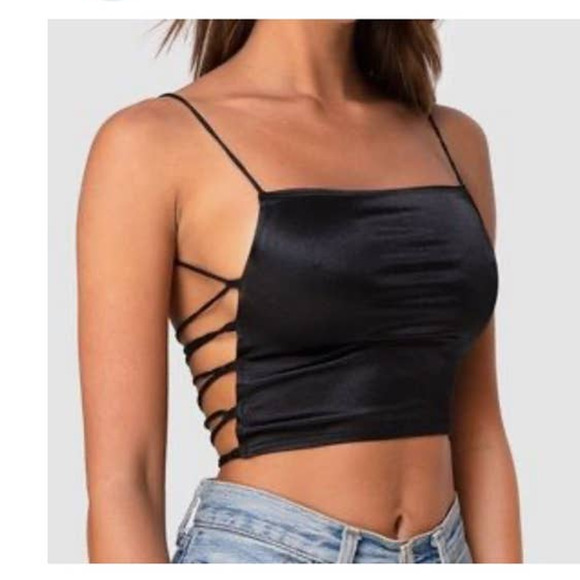 Motel Ozca black strappy open back satin crop top, XS - Picture 1 of 11